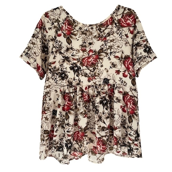 LARA Brown and Red Floral Tie Back Peplum Top, M - Picture 1 of 9